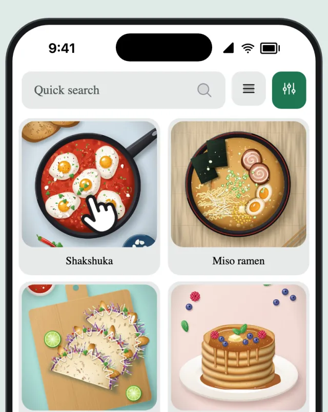 The recipe collection, with a finger holding the Shakshuka recipe