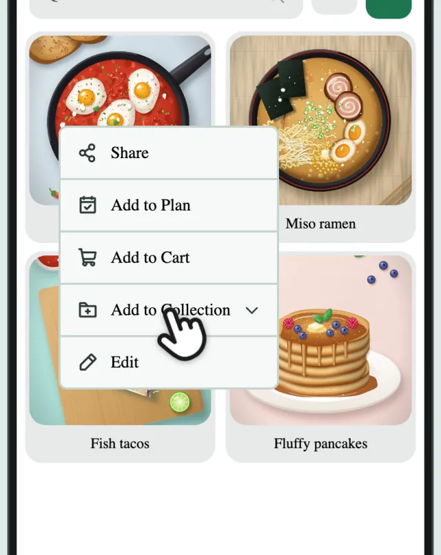 The recipe menu, with a finger on Add to Collection