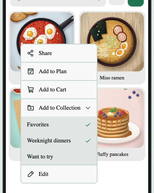 The list of collections, with ticks next to the ones that have the recipe