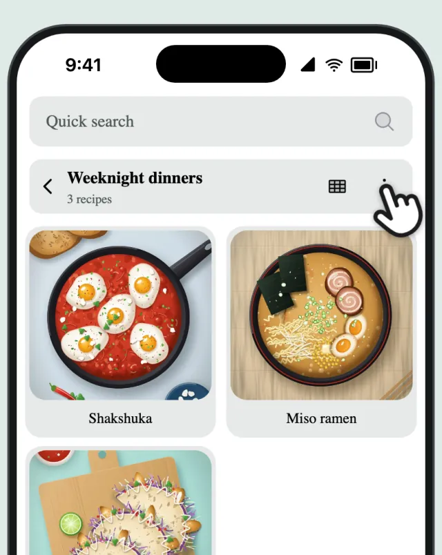 The Weeknight dinners collection, with a finger on the menu button