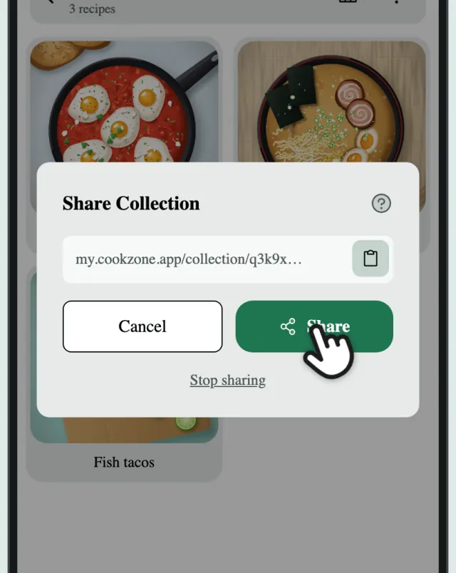 The Share Collection box with the link, and a finger on Share