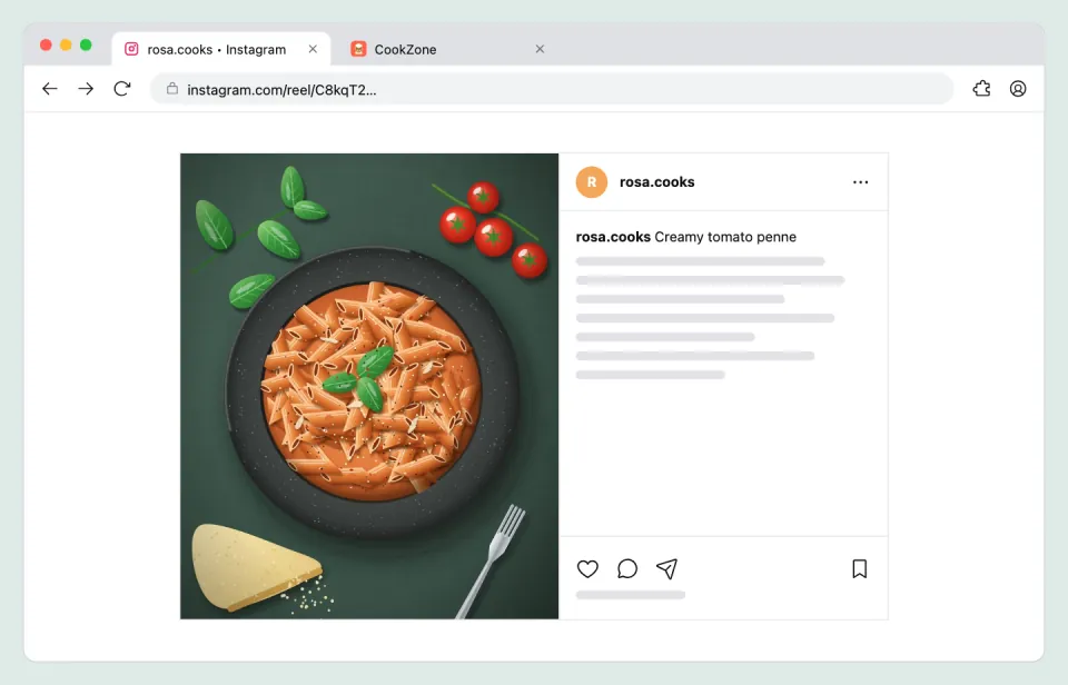 A browser window with a recipe post from Instagram open