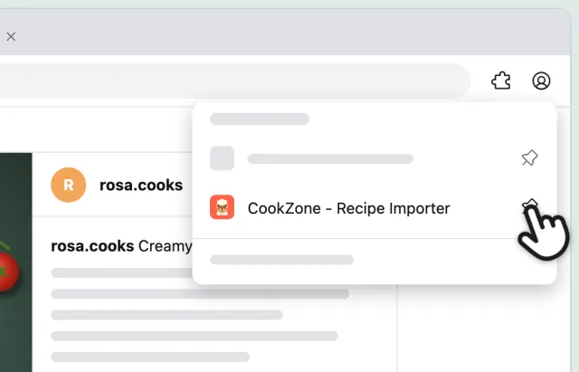 The browser’s extensions menu, with a finger on the pin next to CookZone