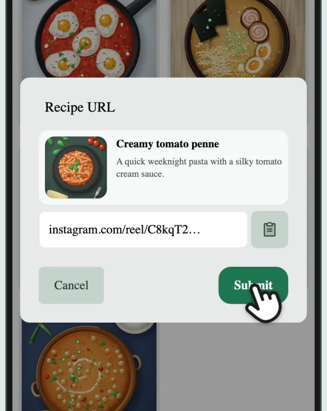 CookZone’s Recipe URL box with the Instagram link filled in, and a finger on Submit