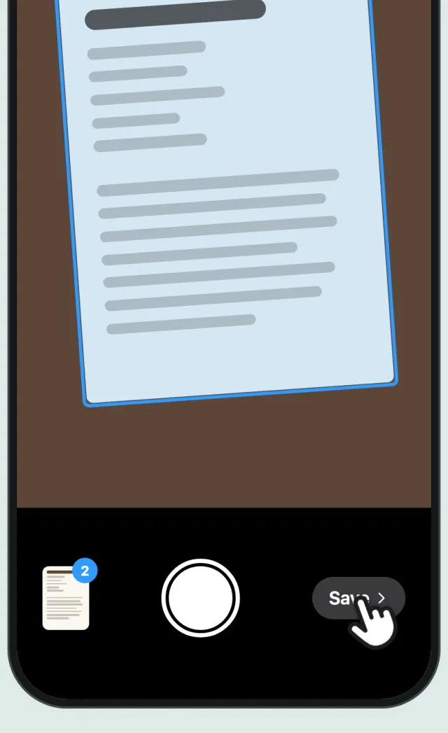 The scanner with a recipe page outlined and two pages captured, and a finger on Save