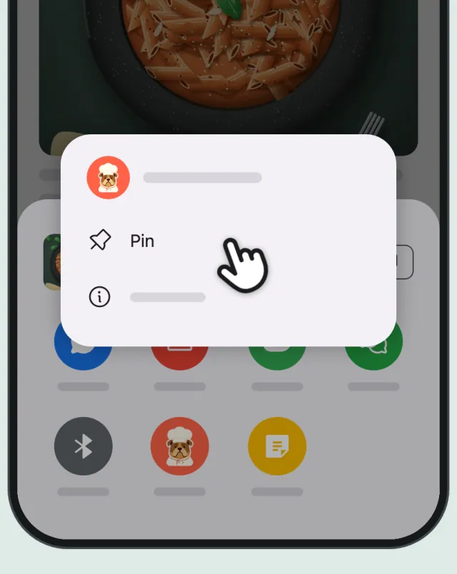 The Android share menu with CookZone held down, and a finger on Pin