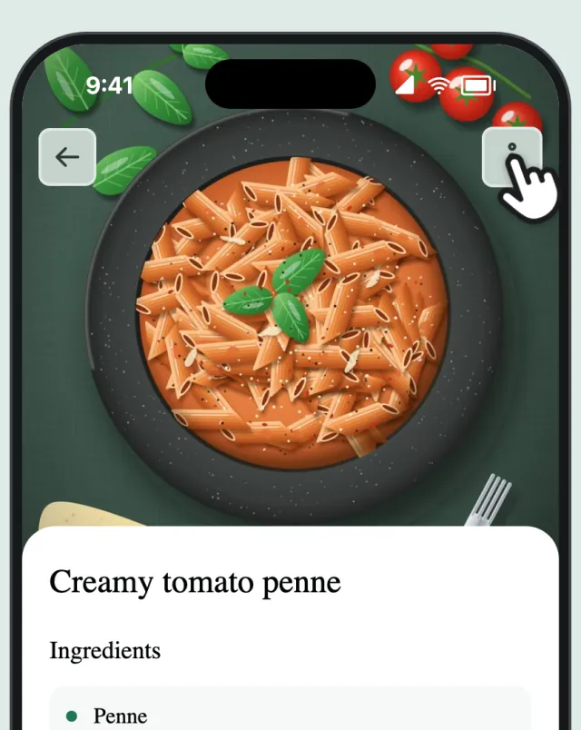 A recipe open in CookZone, with a finger on the menu button