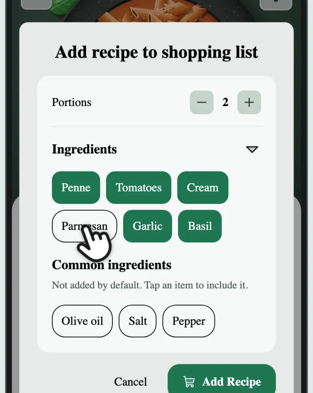 The Add recipe to shopping list sheet with portions and ingredients, and a finger leaving out Parmesan