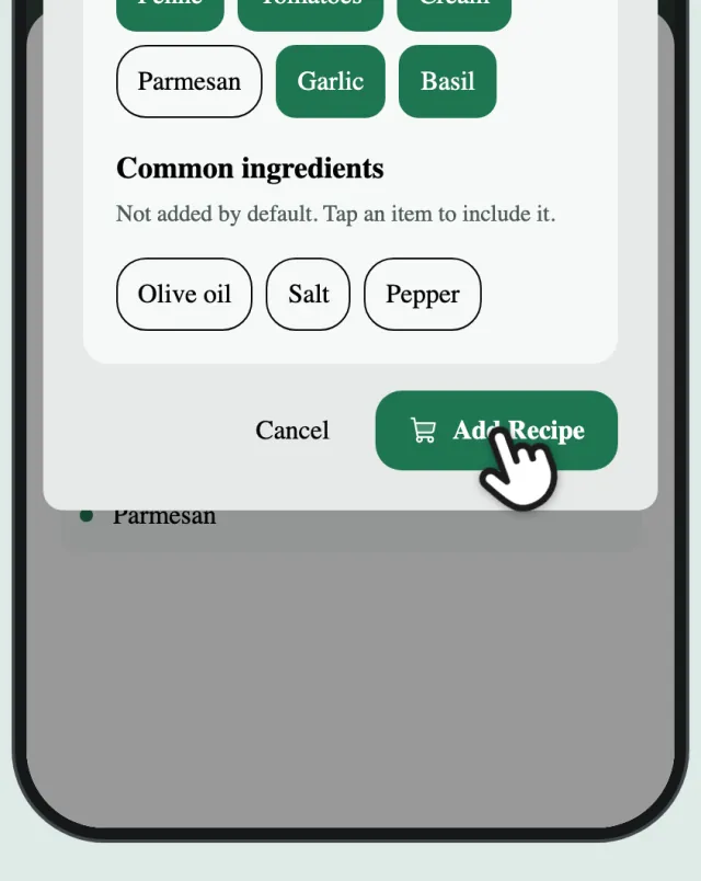 The bottom of the sheet, with a finger on Add Recipe