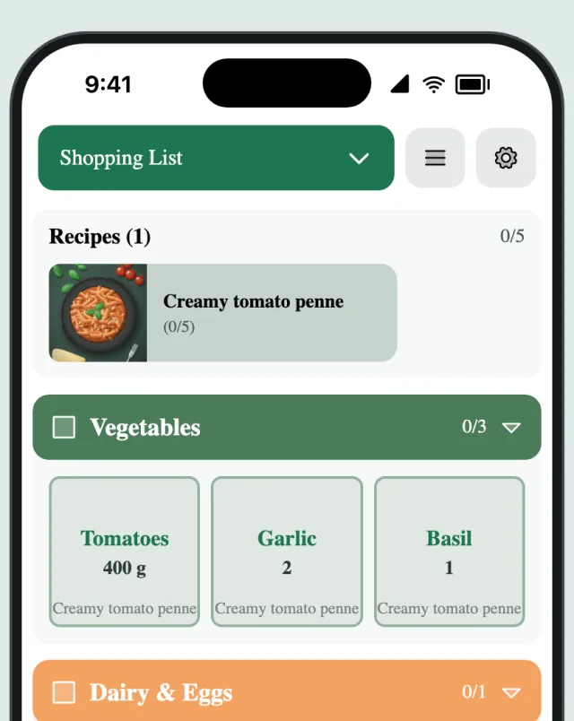 The shopping list with the recipe’s ingredients sorted into aisles