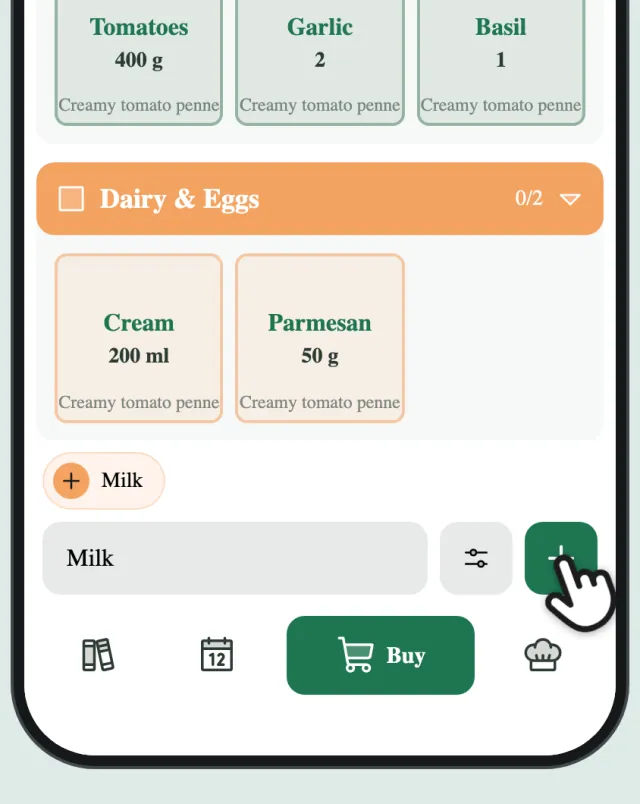 The shopping list with Milk typed in at the bottom, and a finger on plus