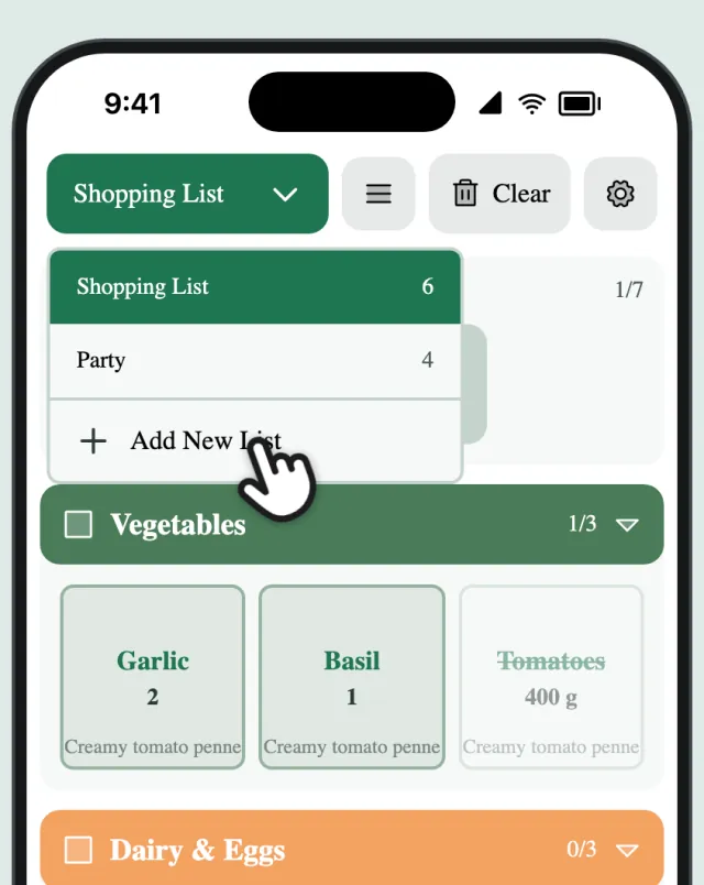 The list picker with two lists and Add New List, and a finger on Add New List