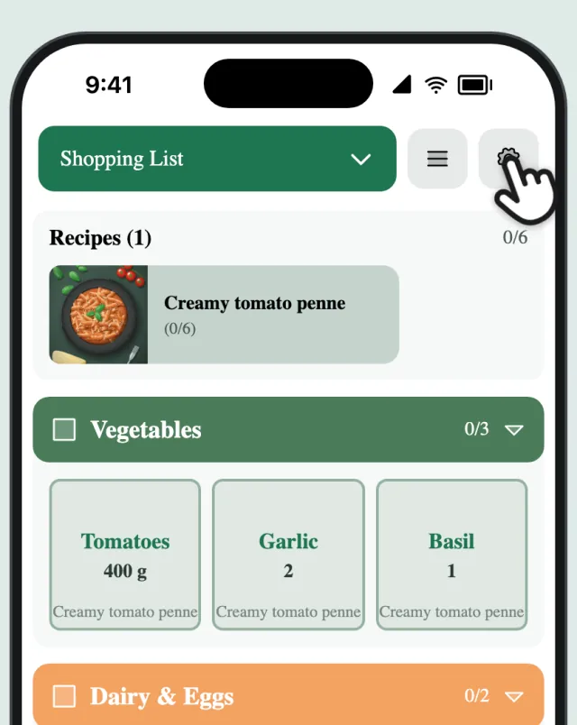The shopping list, with a finger on the gear next to the list name