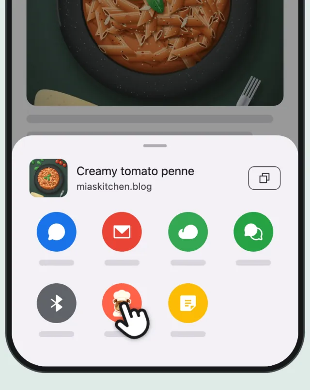 The Android share menu for the recipe page, with a finger on the CookZone icon