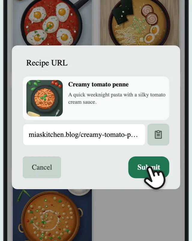 CookZone’s Recipe URL box with the page’s link filled in, and a finger on Submit