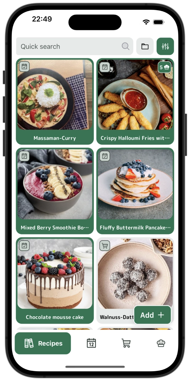 CookZone recipe list showing organized recipes